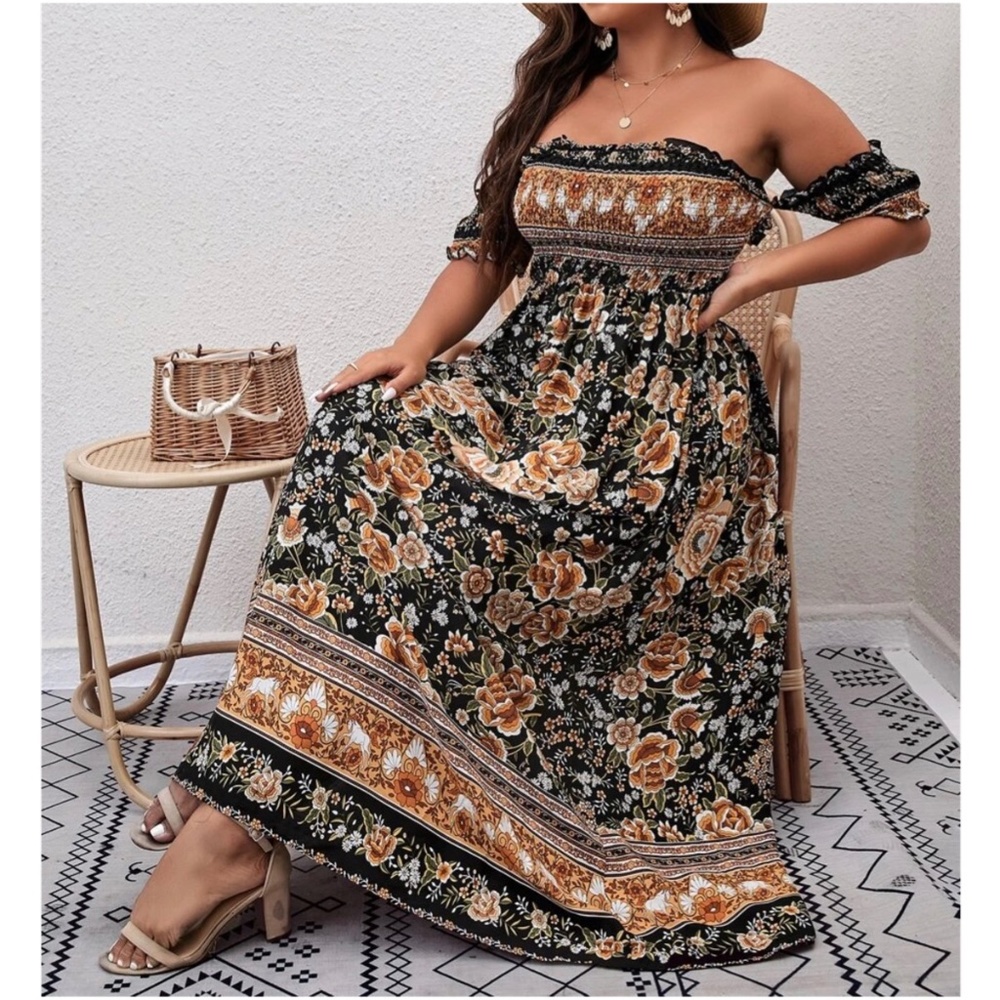 Boho Plus Floral Print Off Shoulder Maxi Dress - Picture 1 of 8